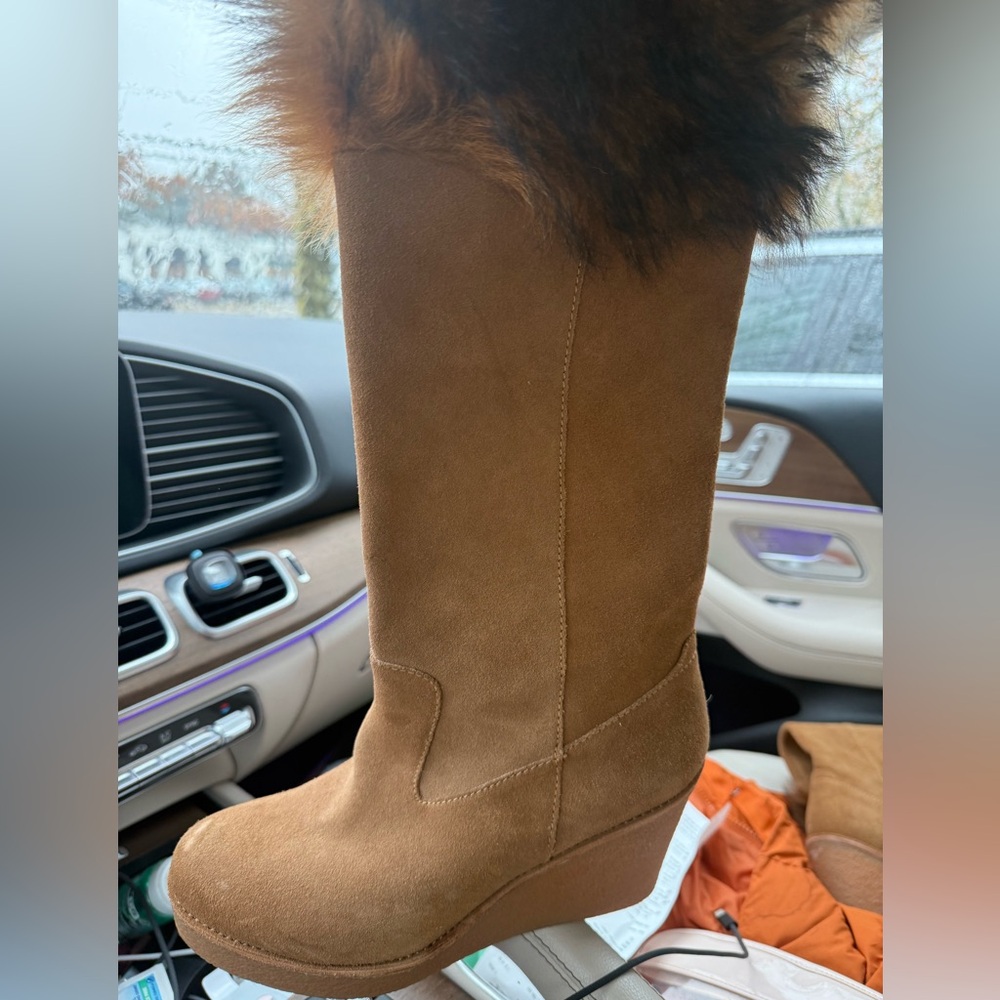 UGG Brown Suede Wedge Boots with Fur